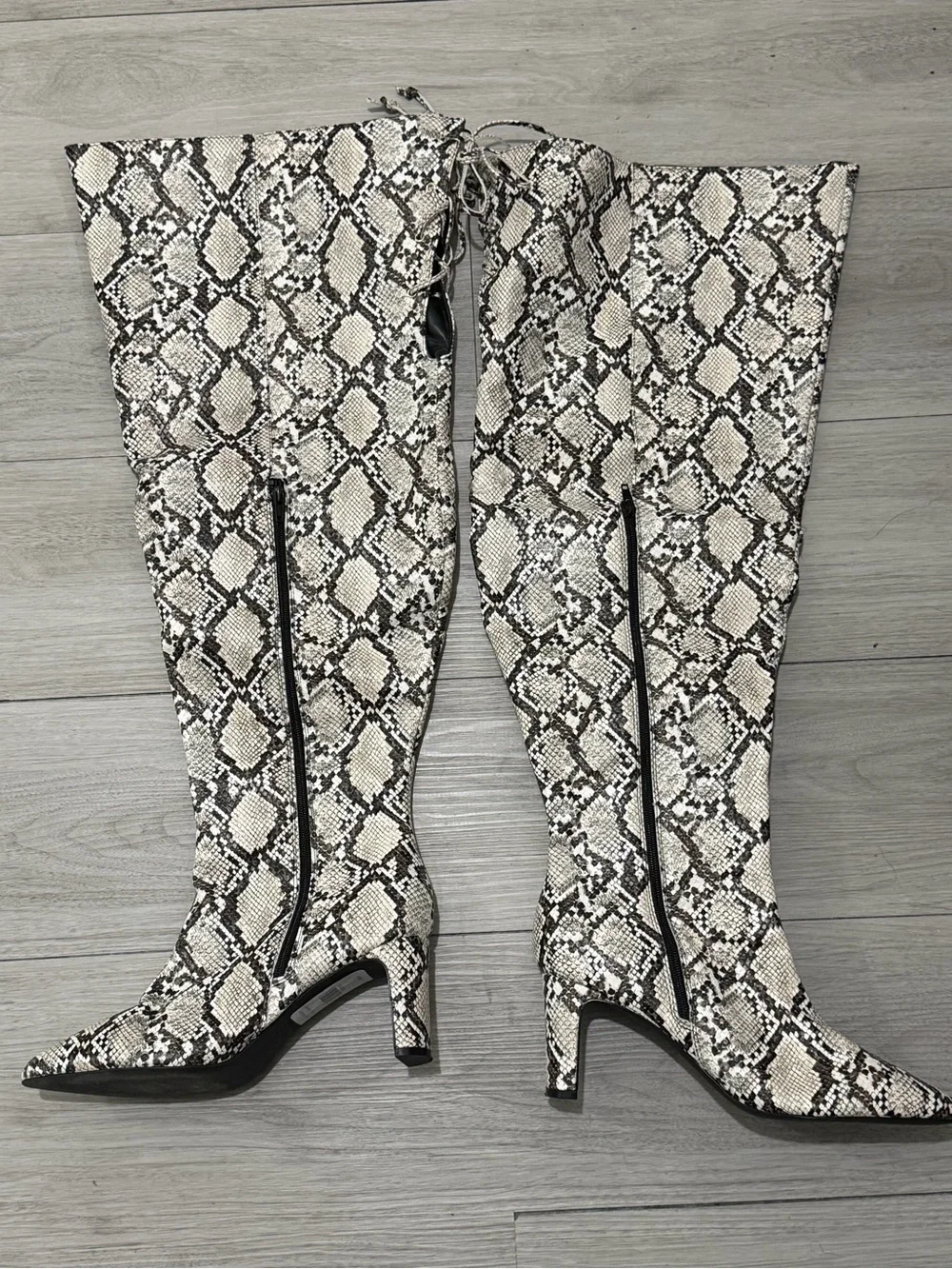Fashion to Figure Over-the-Knee Snake-Print Boots in Cream and Brown